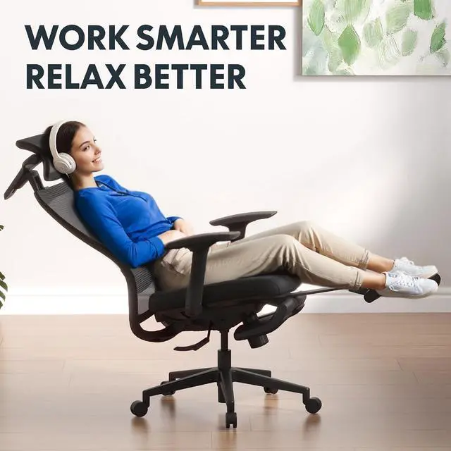 Alt view image 4 of 7 - Ergonomic Office Chair with Footrest, Mesh High Back Computer Chair, Home Office Desk Chairs, with Adjustable Lumbar Support/2D Headrest/Reliable Base, Elastic Foam Seat, Black, OC3 Cloud-F