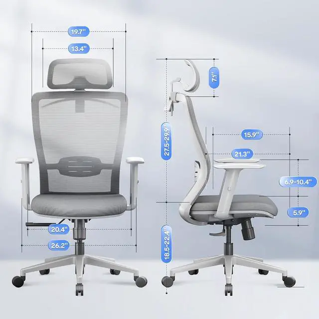 Alt view image 3 of 7 - OC3 Cloud Ergonomic Office Chair, Mesh Back Computer Chair, Home Office Desk Chairs with Adjustable Lumbar Support/3D Headrest/Reliable Base, Elastic Foam Seat, Light Gray