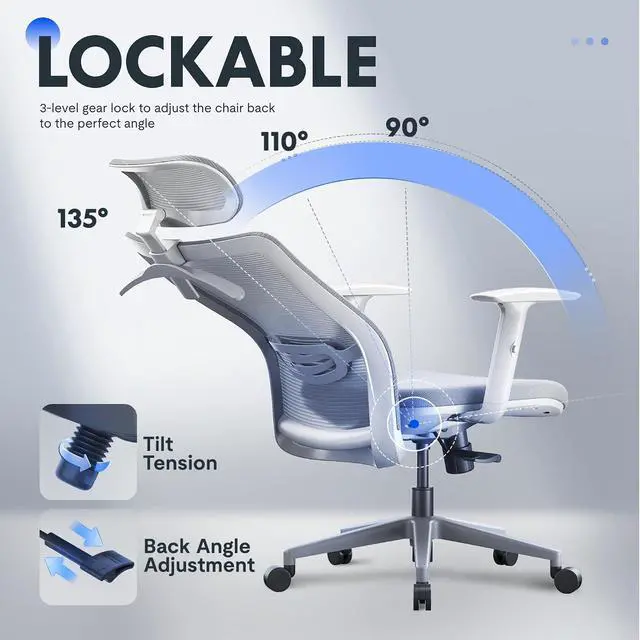 Alt view image 7 of 7 - OC3 Cloud Ergonomic Office Chair, Mesh Back Computer Chair, Home Office Desk Chairs with Adjustable Lumbar Support/3D Headrest/Reliable Base, Elastic Foam Seat, Light Gray