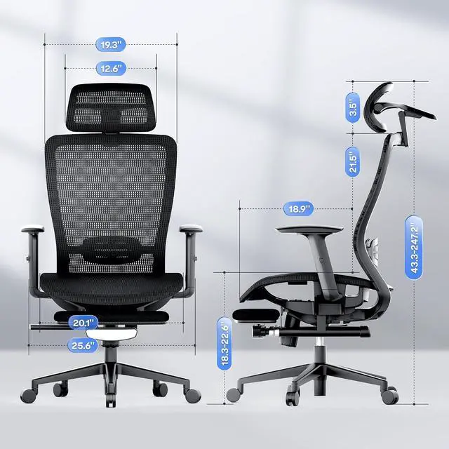 Alt view image 3 of 7 - OC3 Air Ergonomic Office Chair with Footrest, Mesh Back Computer Chair, Home Office Desk Chairs, with Adjustable Lumbar Support/3D Headrest/Reliable Base, Mesh Seat Cushion, Black, Air-F