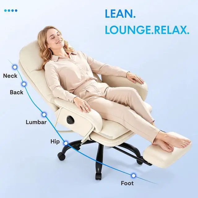 Alt view image 2 of 7 - Cooling Ergonomic Office Chair with Footrest Indoor Lounge Computer Chair with 90-165° 4-Level Reclining, Chairs for Working Relaxing Sleeping, Tech Cooling Leather with 0.3 Q-Max, White