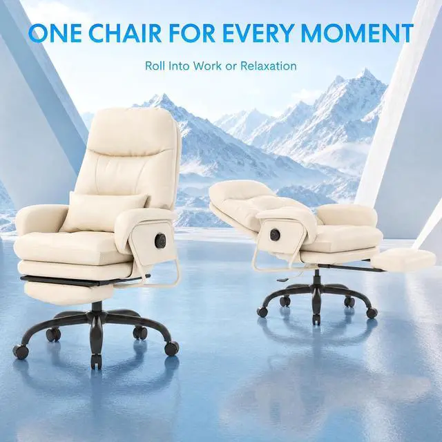 Alt view image 5 of 7 - Cooling Ergonomic Office Chair with Footrest Indoor Lounge Computer Chair with 90-165° 4-Level Reclining, Chairs for Working Relaxing Sleeping, Tech Cooling Leather with 0.3 Q-Max, White