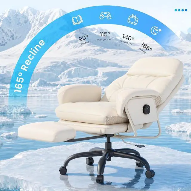 Alt view image 7 of 7 - Cooling Ergonomic Office Chair with Footrest Indoor Lounge Computer Chair with 90-165° 4-Level Reclining, Chairs for Working Relaxing Sleeping, Tech Cooling Leather with 0.3 Q-Max, White