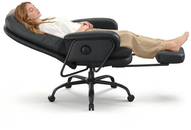 Main image of Multi-Task Ergonomic Office Chair with Footrest Computer Desk Chairs Indoor Lounge Chair with 90-165° 4-Level Reclining, Chairs for Working Relaxing Sleeping, PU Leather+Iron Base, Black