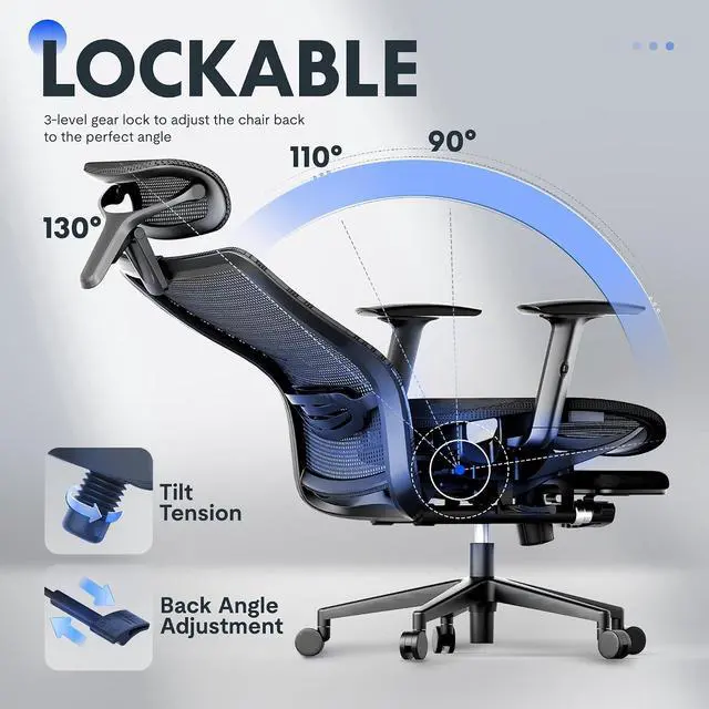Alt view image 5 of 7 - OC3 Air Ergonomic Office Chair with Footrest, Mesh Back Computer Chair, Home Office Desk Chairs, with Adjustable Lumbar Support/3D Headrest/Reliable Base, Mesh Seat Cushion, Black, Air-F