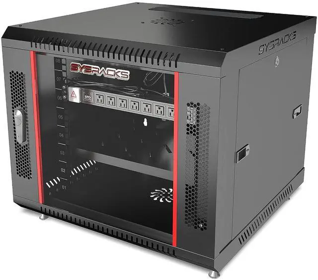 Alt view image 5 of 6 - 9U Wall Mount Server Rack, 18" Deep, 19-Inch EIA-310 | Fan, shelf, 8-way PDU, dust-tight grommets, lockable enclosure