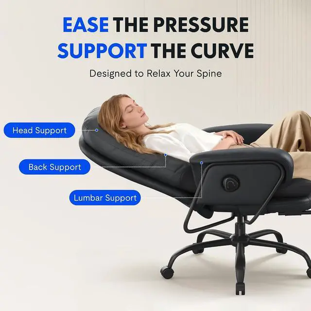 Alt view image 4 of 7 - Multi-Task Ergonomic Office Chair with Footrest Computer Desk Chairs Indoor Lounge Chair with 90-165° 4-Level Reclining, Chairs for Working Relaxing Sleeping, PU Leather+Iron Base, Black
