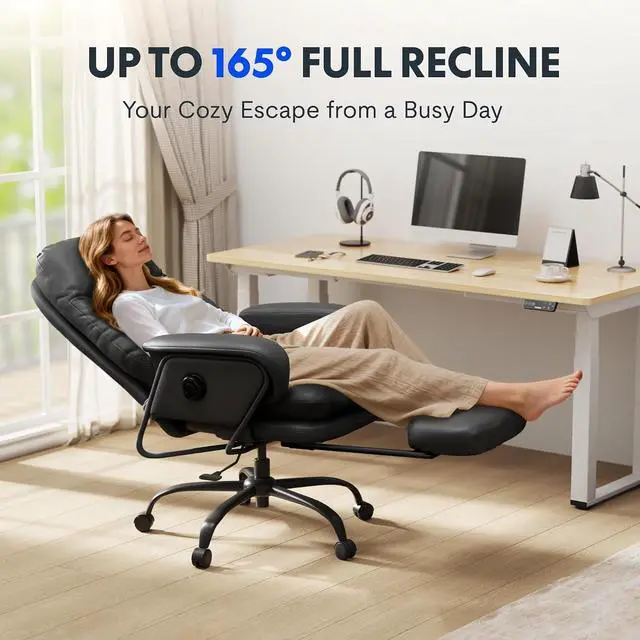 Alt view image 5 of 7 - Multi-Task Ergonomic Office Chair with Footrest Computer Desk Chairs Indoor Lounge Chair with 90-165° 4-Level Reclining, Chairs for Working Relaxing Sleeping, PU Leather+Iron Base, Black