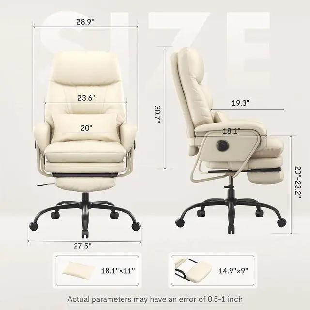 Alt view image 2 of 7 - Ergonomic Office Chair with Footrest High Back Computer Desk Chairs Indoor Lounge Chair with Wheels 90-165° Reclining Lumbar Support, Chairs for Working Relaxing Cross Legged, Leather, White
