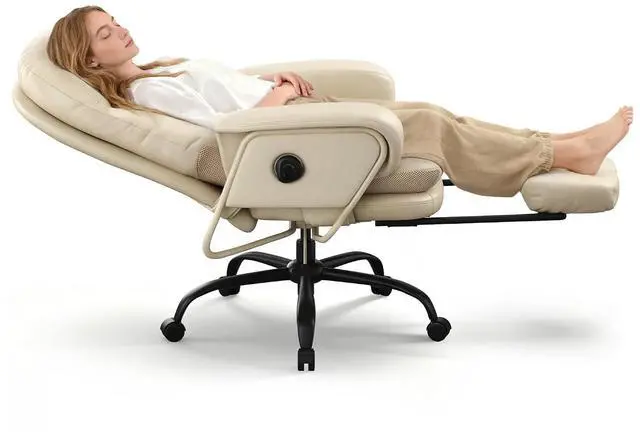 Main image of Ergonomic Office Chair with Footrest High Back Computer Desk Chairs Indoor Lounge Chair with Wheels 90-165° Reclining Lumbar Support, Chairs for Working Relaxing Cross Legged, Leather, White