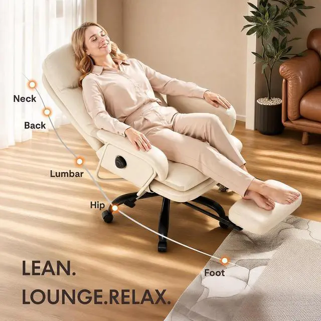 Alt view image 6 of 7 - Ergonomic Office Chair with Footrest High Back Computer Desk Chairs Indoor Lounge Chair with Wheels 90-165° Reclining Lumbar Support, Chairs for Working Relaxing Cross Legged, Leather, White