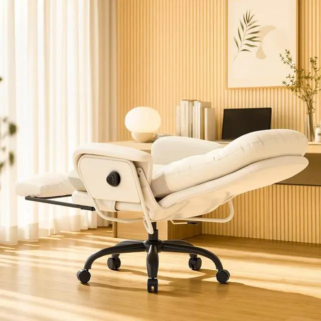 Main image of Multi-Task Ergonomic Office Chair with Footrest Computer Desk Chairs Indoor Lounge Chair with 90-165° 4-Level Reclining, Chairs for Working Relaxing Sleeping, PU Leather+Iron Base, White
