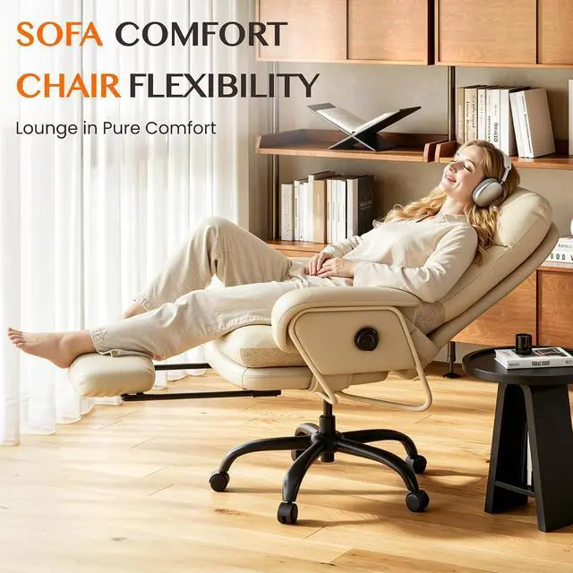 Alt view image 3 of 7 - Multi-Task Ergonomic Office Chair with Footrest Computer Desk Chairs Indoor Lounge Chair with 90-165° 4-Level Reclining, Chairs for Working Relaxing Sleeping, PU Leather+Iron Base, White