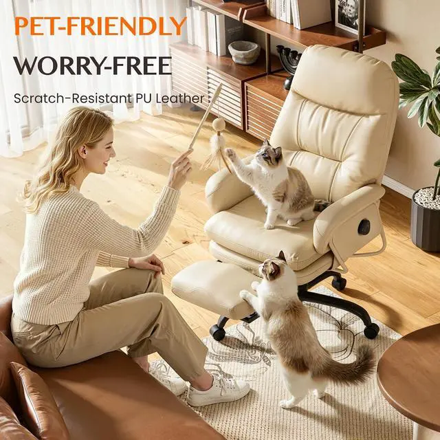 Alt view image 4 of 7 - Multi-Task Ergonomic Office Chair with Footrest Computer Desk Chairs Indoor Lounge Chair with 90-165° 4-Level Reclining, Chairs for Working Relaxing Sleeping, PU Leather+Iron Base, White