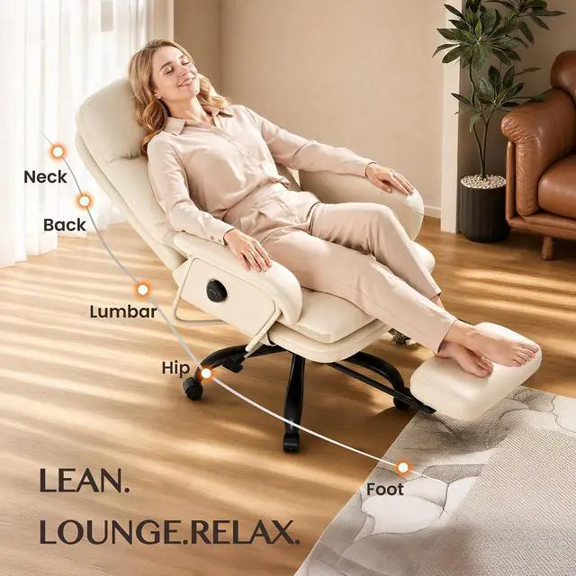 Alt view image 6 of 7 - Multi-Task Ergonomic Office Chair with Footrest Computer Desk Chairs Indoor Lounge Chair with 90-165° 4-Level Reclining, Chairs for Working Relaxing Sleeping, PU Leather+Iron Base, White