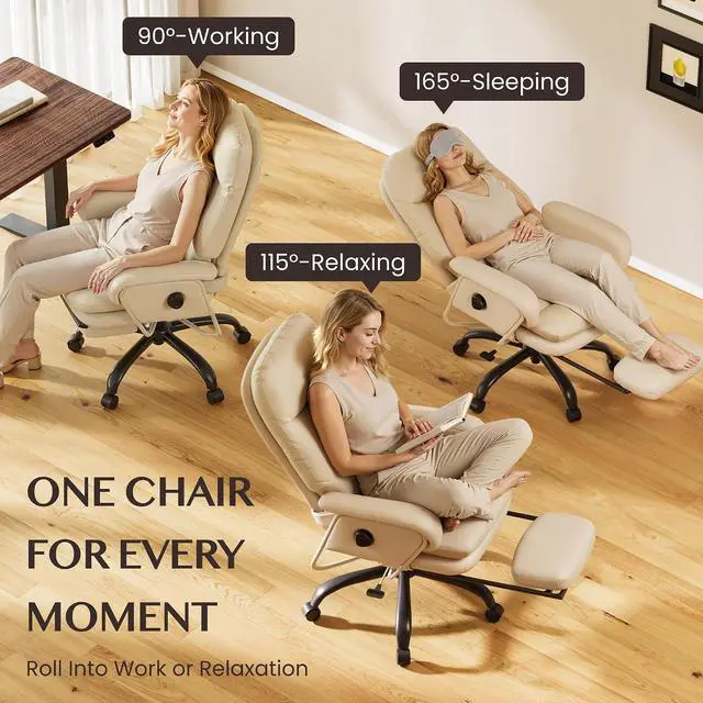 Alt view image 7 of 7 - Multi-Task Ergonomic Office Chair with Footrest Computer Desk Chairs Indoor Lounge Chair with 90-165° 4-Level Reclining, Chairs for Working Relaxing Sleeping, PU Leather+Iron Base, White