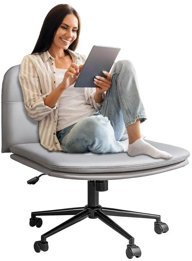 Main image of Big Comfy Seat Criss Cross Chair with Wheels Height Adjustable Armless Desk Chair Vanity Chair with High Back PU Leather (Gray)