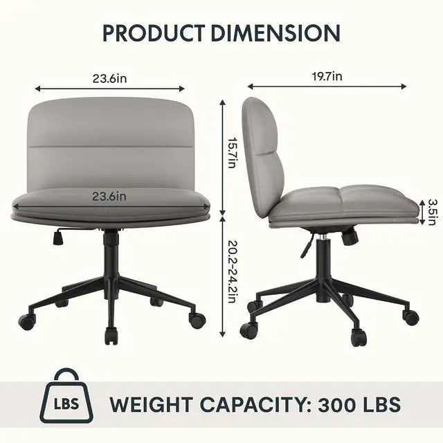 Alt view image 2 of 7 - Big Comfy Seat Criss Cross Chair with Wheels Height Adjustable Armless Desk Chair Vanity Chair with High Back PU Leather (Gray)