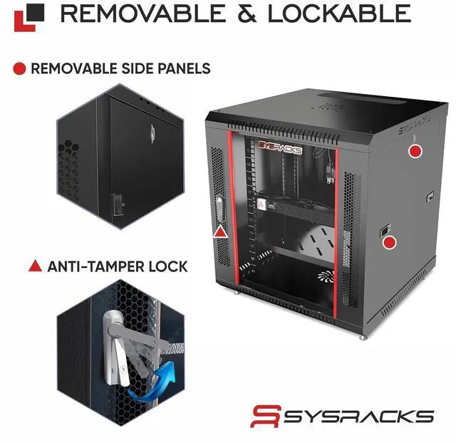 Alt view image 5 of 7 - 12U Wall Mount Server Rack Cabinet, 19 Locking Network Rack, 24 Deep, Glass Door, with Fan, PDU and Shelf