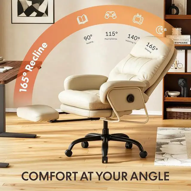 Alt view image 7 of 7 - Ergonomic Office Chair with Footrest High Back Computer Desk Chairs Indoor Lounge Chair with Wheels 90-165° Reclining Lumbar Support, Chairs for Working Relaxing Cross Legged, Leather, White