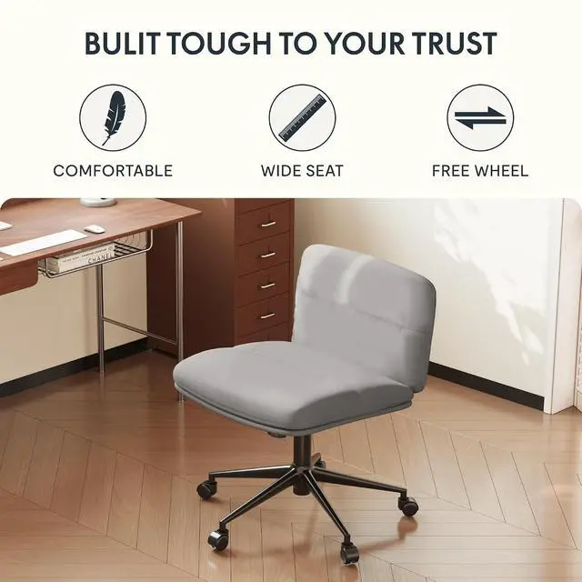 Alt view image 3 of 7 - Big Comfy Seat Criss Cross Chair with Wheels Height Adjustable Armless Desk Chair Vanity Chair with High Back PU Leather (Gray)