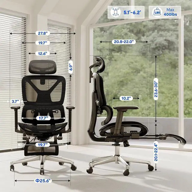 Alt view image 2 of 7 - ErgoX Premium Ergonomic Office Chair with Footrest - Adjustable 3D Armrests, Dynamic Lumbar Support, Recline & Tilt Function, Mesh Seat, for Home & Office Use, Black