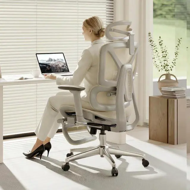 Main image of ErgoX Premium Ergonomic Office Chair with Footrest- Adjustable 3D Armrests, Dynamic Lumbar Support, Recline & Tilt Function, Mesh Seat, for Home & Office Use,Cream
