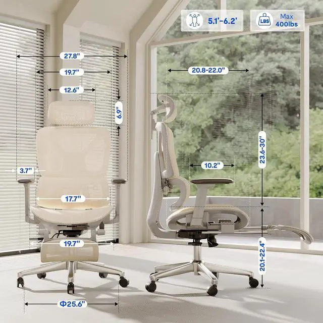 Alt view image 2 of 7 - ErgoX Premium Ergonomic Office Chair with Footrest- Adjustable 3D Armrests, Dynamic Lumbar Support, Recline & Tilt Function, Mesh Seat, for Home & Office Use,Cream