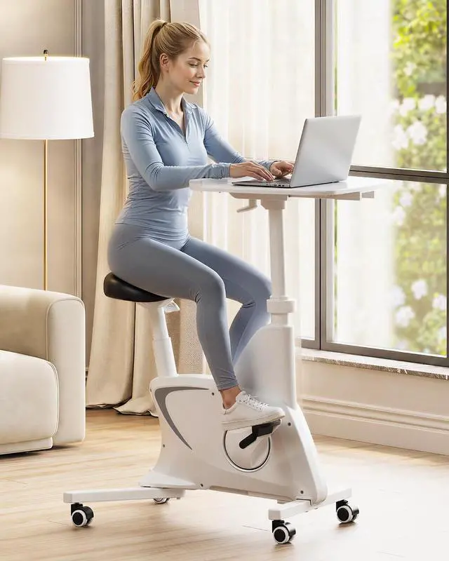 Main image of Multi-Task Office Desk Chair with Adjustable Desktop Integrated Bike Mechanism, Space Saving Armless Workstation Chairs for Home Office Active Working Relaxing Exercising, White