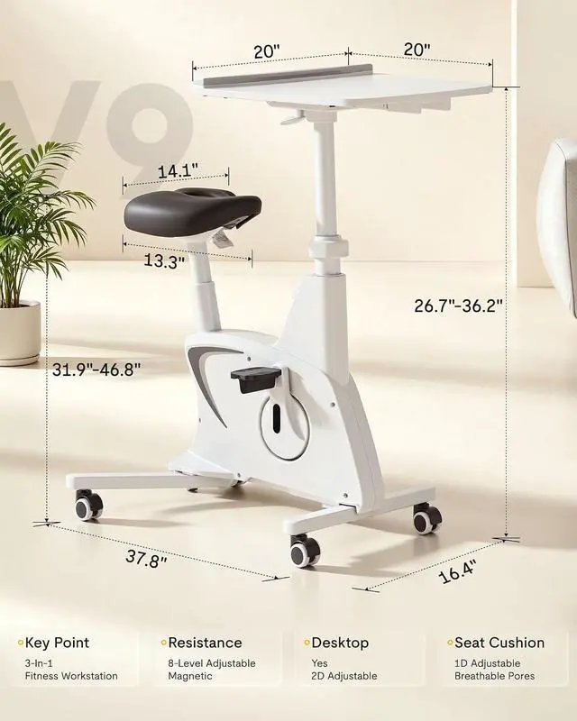 Alt view image 2 of 7 - Multi-Task Office Desk Chair with Adjustable Desktop Integrated Bike Mechanism, Space Saving Armless Workstation Chairs for Home Office Active Working Relaxing Exercising, White