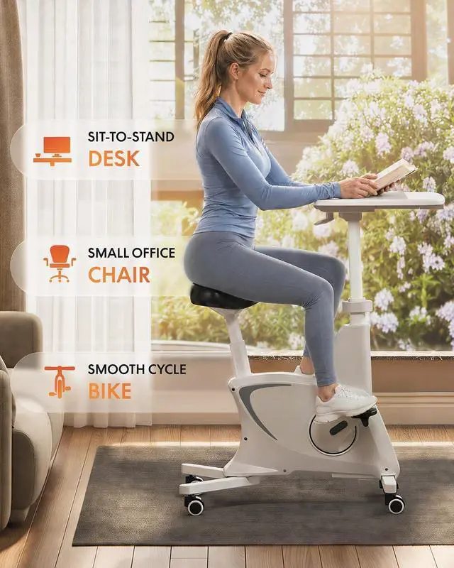 Alt view image 3 of 7 - Multi-Task Office Desk Chair with Adjustable Desktop Integrated Bike Mechanism, Space Saving Armless Workstation Chairs for Home Office Active Working Relaxing Exercising, White