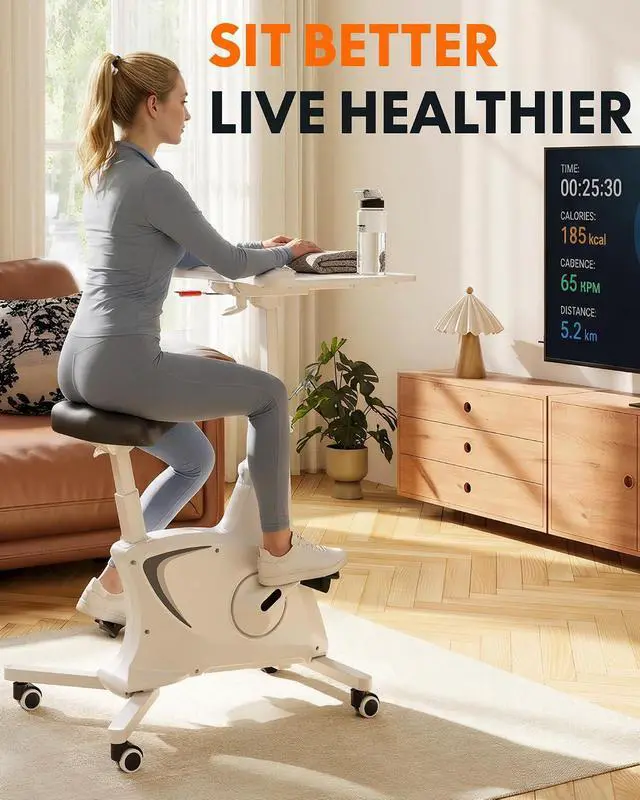 Alt view image 5 of 7 - Multi-Task Office Desk Chair with Adjustable Desktop Integrated Bike Mechanism, Space Saving Armless Workstation Chairs for Home Office Active Working Relaxing Exercising, White