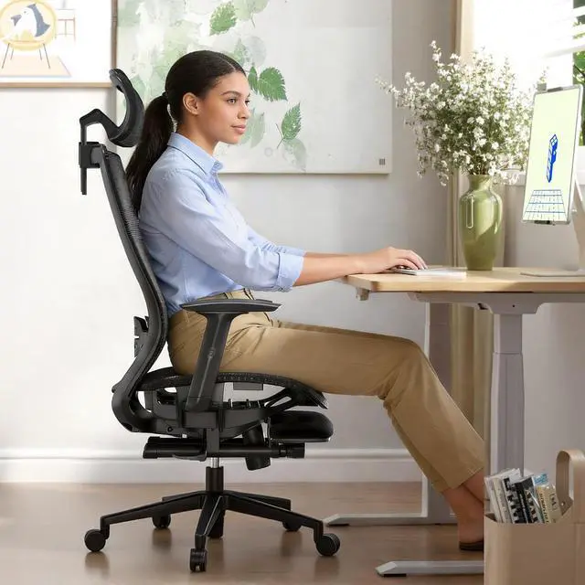 Alt view image 2 of 7 - Ergonomic Office Chair with Footrest, Mesh High Back Computer Chair, Home Office Desk Chairs, with Adjustable Lumbar Support/2D Headrest/Reliable Base, Breathable Mesh Seat, Black, OC3 AIR-F