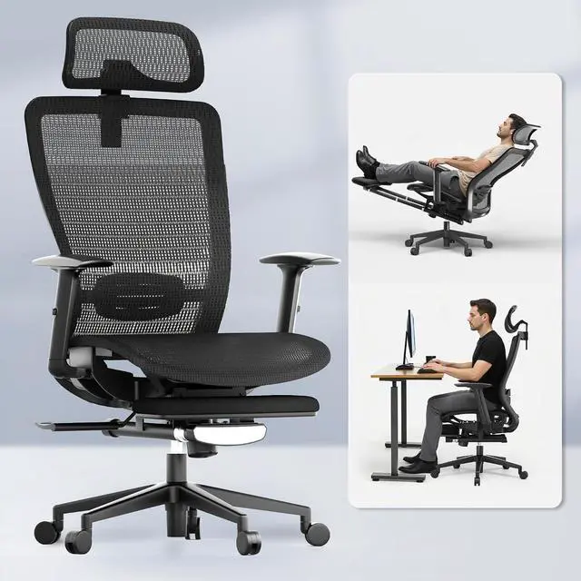 Main image of OC3 Air Ergonomic Office Chair with Footrest, High Back Computer Chair with Adjustable Lumbar Support/3D Headrest, Desk Chairs for Home Office Gaming Working, Black,Mesh Seat,Air-F