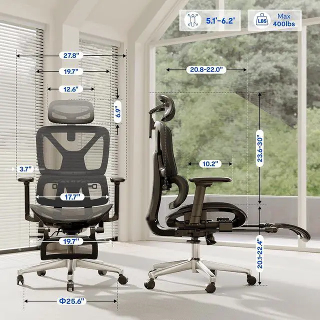 Alt view image 2 of 7 - ErgoX Premium Ergonomic Office Chair with Footrest- Adjustable 3D Armrests, Dynamic Lumbar Support, Recline & Tilt Function, Mesh Seat, for Home & Office Use,Dark Grey