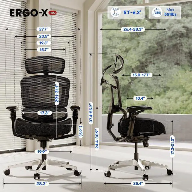 Alt view image 2 of 7 - ErgoX-PRO Ergonomic Office Chair Black Cloudtech Cushion, 5D Lumbar, 7D Armrests, 4D Headrest, 551LBS Capacity Office, Gaming, Home