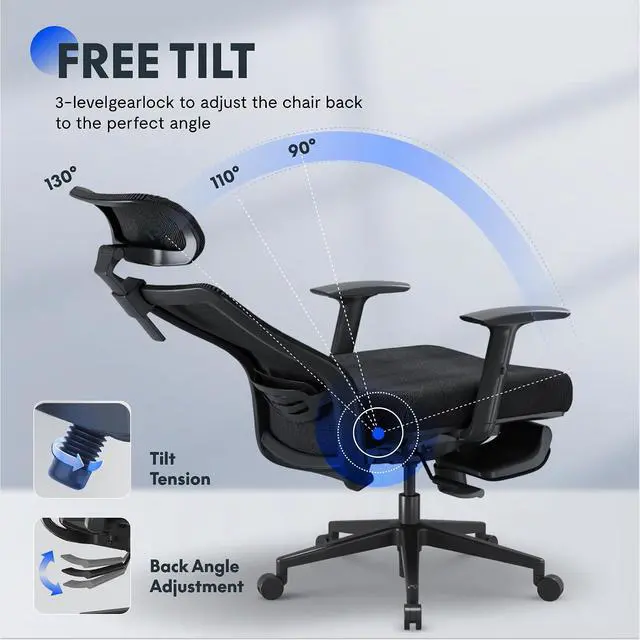 Alt view image 7 of 7 - Ergonomic Office Chair with Footrest, Mesh High Back Computer Chair, Home Office Desk Chairs, with Adjustable Lumbar Support/2D Headrest/Reliable Base, Breathable Mesh Seat, Black, OC3 AIR-F