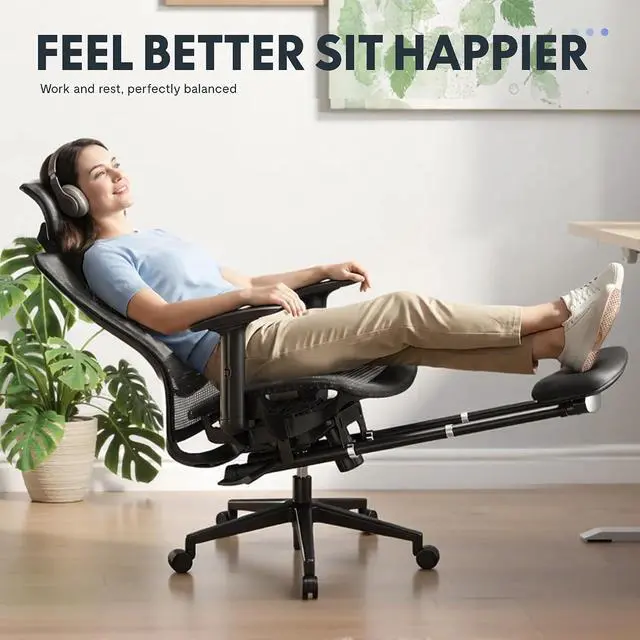 Alt view image 4 of 7 - OC3 Air Ergonomic Office Chair with Footrest, High Back Computer Chair with Adjustable Lumbar Support/3D Headrest, Desk Chairs for Home Office Gaming Working, Black,Mesh Seat,Air-F