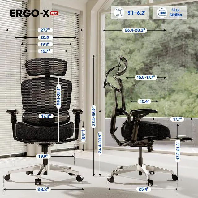 Alt view image 2 of 7 - ErgoX-PRO Ergonomic Office Chair with Footrest Black Cloudtech Cushion, 5D Lumbar, 7D Armrests, 4D Headrest, 551LBS Capacity Office, Gaming, Home