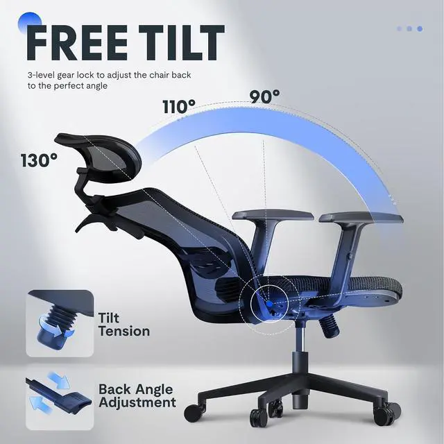 Alt view image 7 of 7 - Ergonomic Office Chair, High Back Home Office Desk Chairs with Adjustable Lumbar Support, Armrests,90-130° Tilt Lock, Comfort Wide Cushion, Swivel Computer Gaming Chairs for Adults (Black)