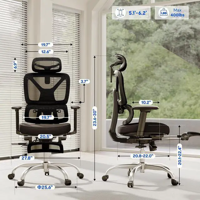Alt view image 2 of 7 - ErgoX Premium Ergonomic Office Chair with Footrest- Adjustable 3D Armrests, Dynamic Lumbar Support, Recline & Tilt Function, Mesh Seat, for Home & Office Use,Black Foam