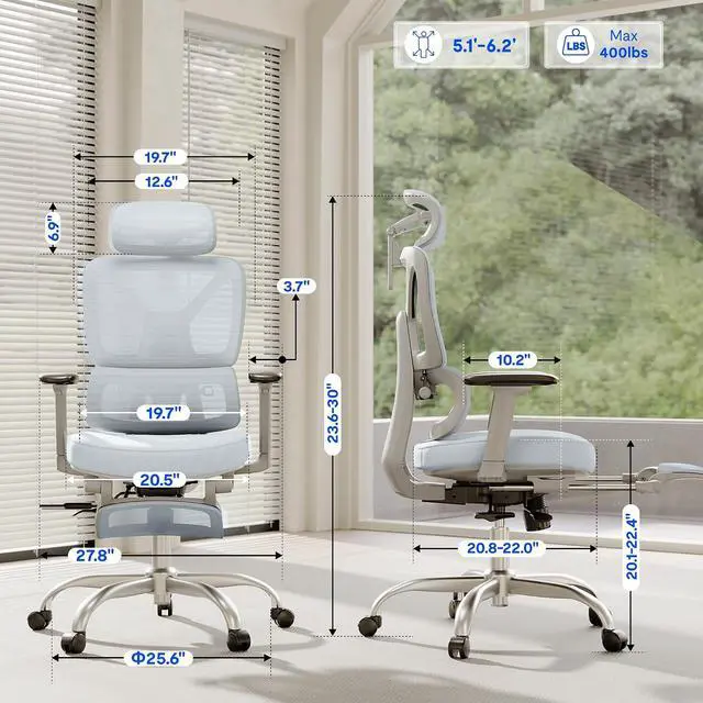Alt view image 2 of 7 - ErgoX Premium Ergonomic Office Chair with Footrest- Adjustable 3D Armrests, Dynamic Lumbar Support, Recline & Tilt Function, Mesh Seat, for Home & Office Use,Blue Foam