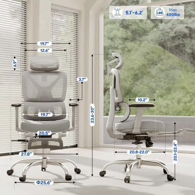 Alt view image 2 of 7 - ErgoX Premium Ergonomic Office Chair with Footrest- Adjustable 3D Armrests, Dynamic Lumbar Support, Recline & Tilt Function, Mesh Seat, for Home & Office Use,Light Grey Foam