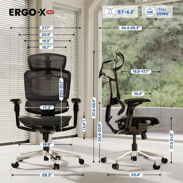 Alt view image 2 of 7 - ErgoX-PRO Ergonomic Office Chair Black AeroWeave 5.0 Mesh Seat, 5D Lumbar, 7D Armrests, 4D Headrest, 551LBS Capacity Office, Gaming, Home