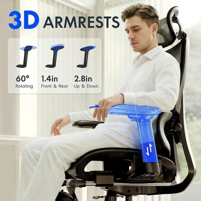 Alt view image 4 of 7 - ErgoX Premium Ergonomic Office Chair with Footrest- Adjustable 3D Armrests, Dynamic Lumbar Support, Recline & Tilt Function, Mesh Seat, for Home & Office Use,Blue Foam