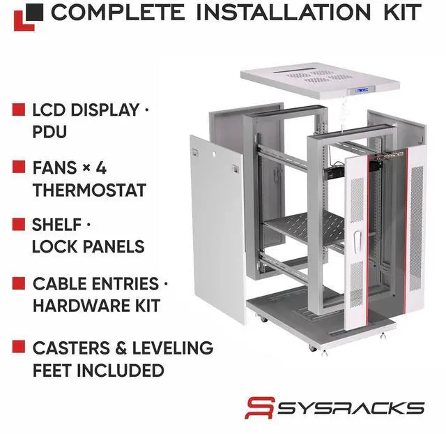 Alt view image 4 of 7 - 22U Server Rack Cabinet, 35" Deep, Glass Door, 19-Inch | Cooling fans, PDU, shelf, casters, leveling feet, cable entry brushes