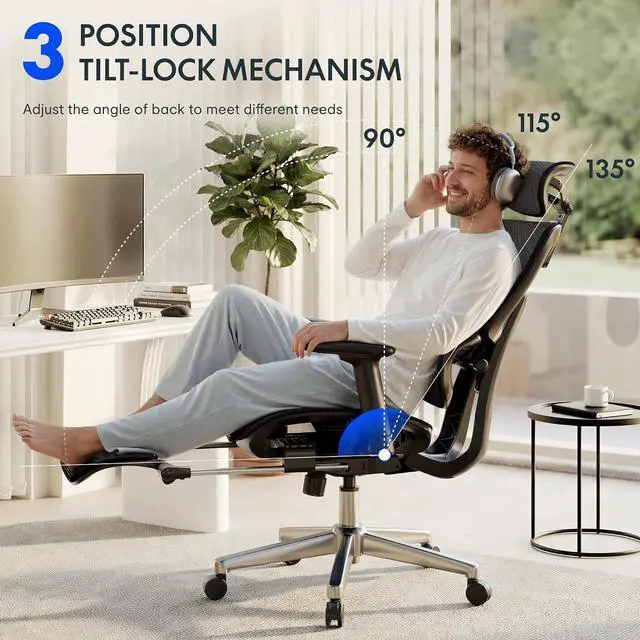 Alt view image 6 of 7 - ErgoX Premium Ergonomic Office Chair with Footrest- Adjustable 3D Armrests, Dynamic Lumbar Support, Recline & Tilt Function, Mesh Seat, for Home & Office Use,Blue Foam