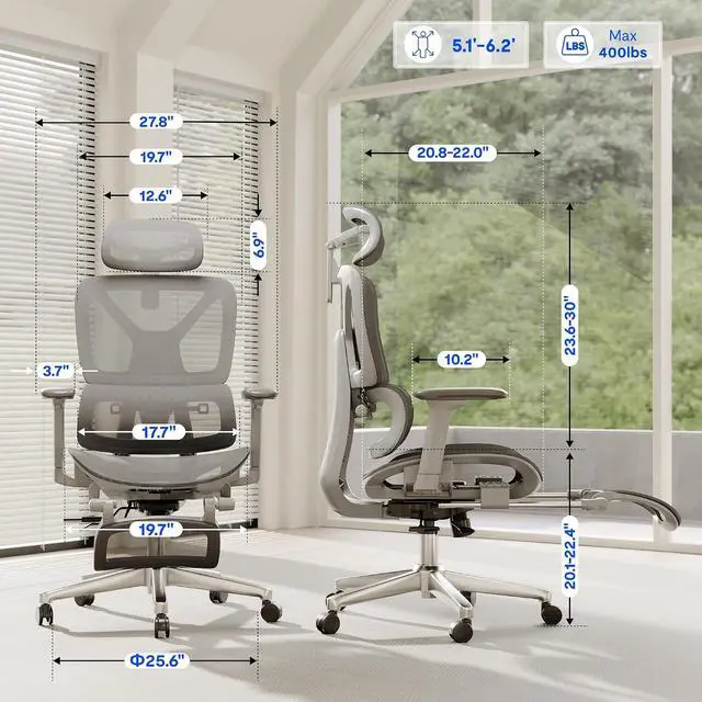 Alt view image 5 of 7 - ErgoX Premium Ergonomic Office Chair with Footrest- Adjustable 3D Armrests, Dynamic Lumbar Support, Recline & Tilt Function, Mesh Seat, for Home & Office Use,Light Grey