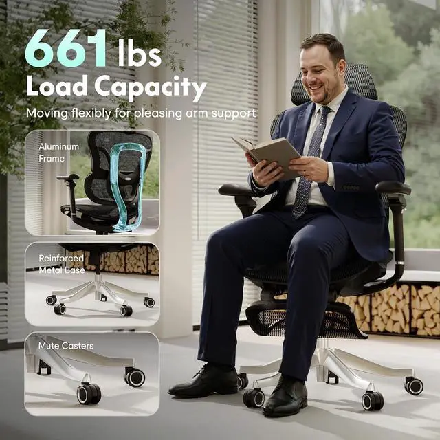 Alt view image 6 of 7 - ErgoX Max Ergonomic Office Chair with footrest Black - Aluminum Alloy Frame & Base, 661 lb Capacity, 5D Armrests, 4D Adaptive Lumbar & 4D Headrest 1