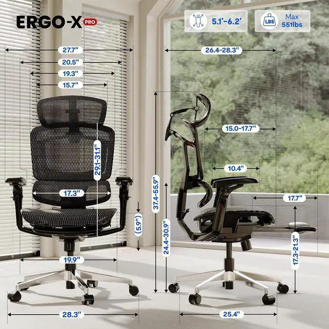 Alt view image 2 of 7 - ErgoX-PRO Ergonomic Office Chair with Footrest Black AeroWeave 5.0 Mesh Seat, 5D Lumbar, 7D Armrests, 4D Headrest, 551LBS Capacity Office, Gaming, Home